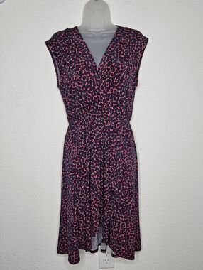BCBG MaxAzria Navy and Pink Abstract Print Surplice V-Neck Midi Faux Wrap Dress